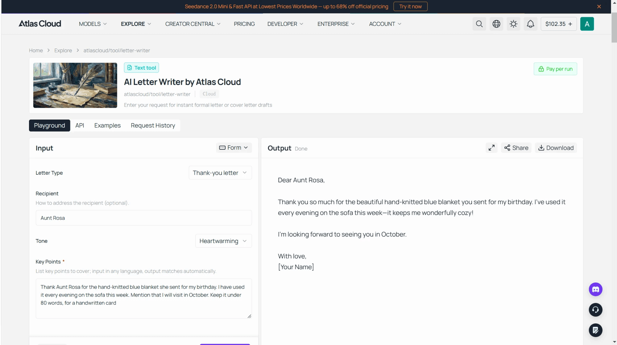 Formular des kostenlosen KI-Briefschreibers von Atlas Cloud mit ausgewähltem Dankesschreiben, Tante Rosa als Empfängerin, einem herzerwärmenden Ton, drei Sätzen Kernpunkten über eine gestrickte Decke und dem generierten KI-Dankesschreiben mit Anrede, kurzem Text und Grußformel.