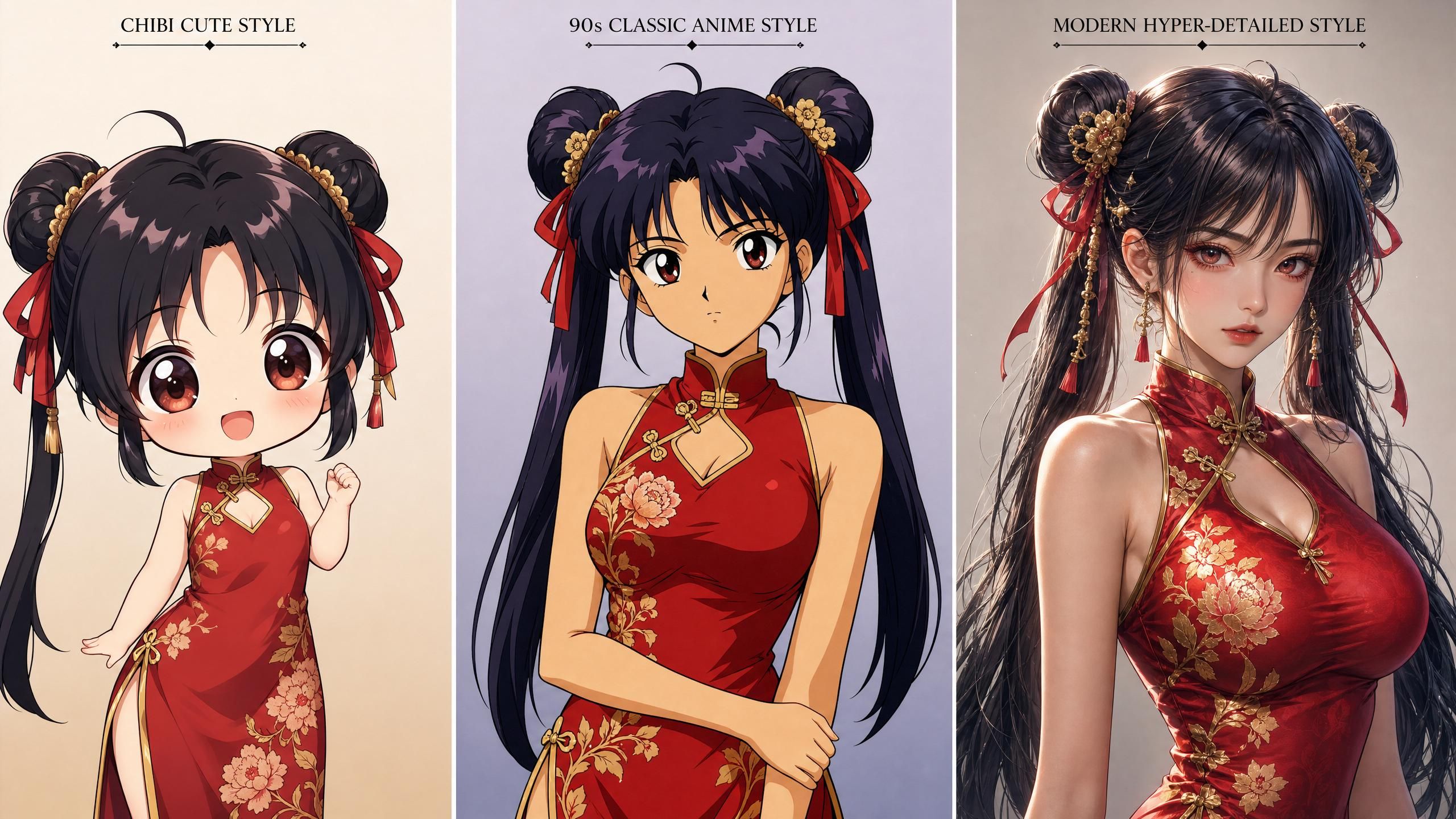 animation girl in 3 style