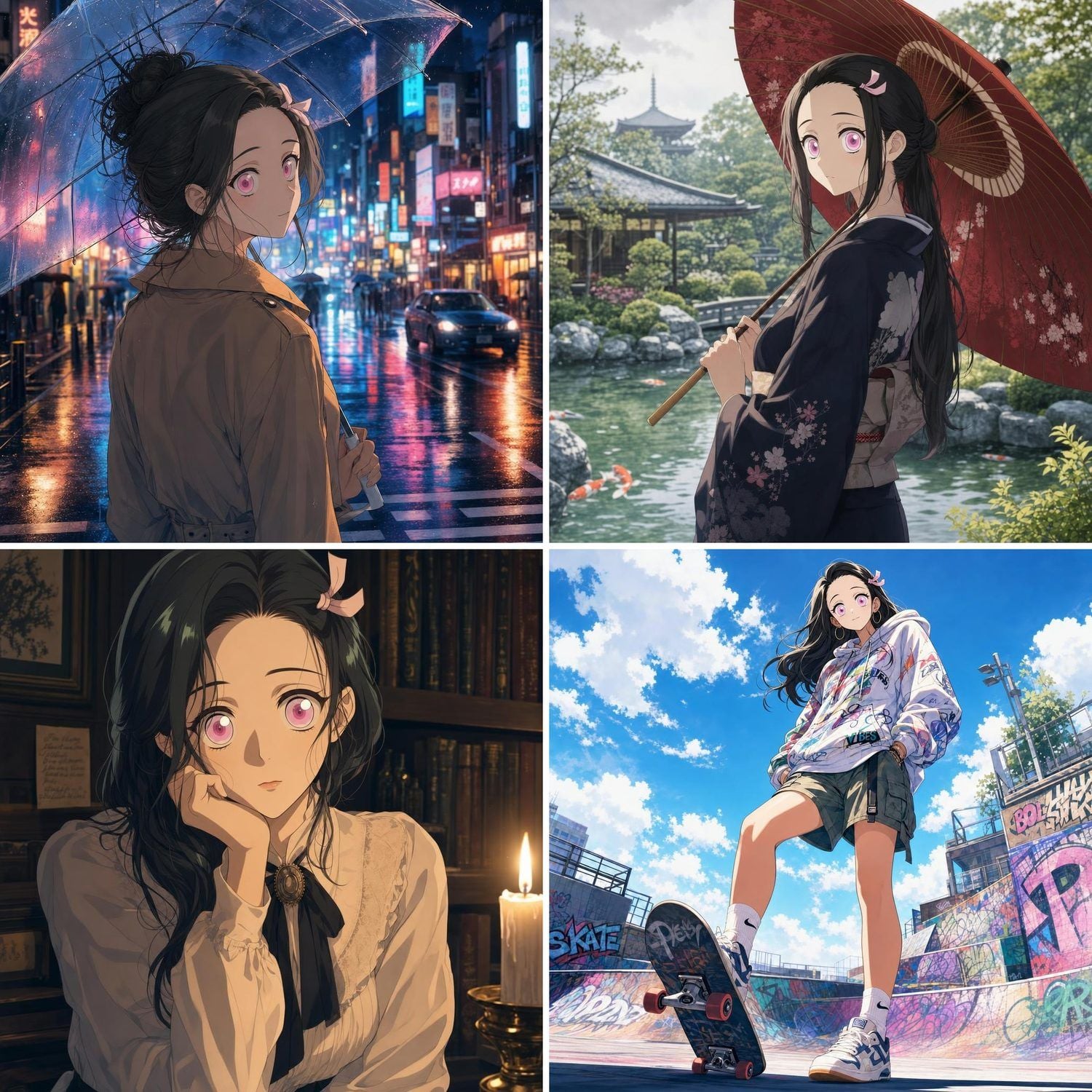 Four anime illustrations of a girl in different outfits and settings