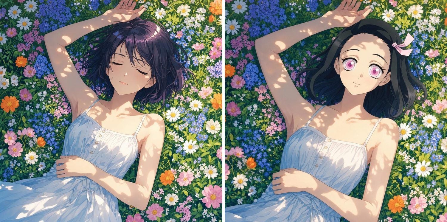 Side-by-side anime illustrations of a girl lying in colorful wildflowers