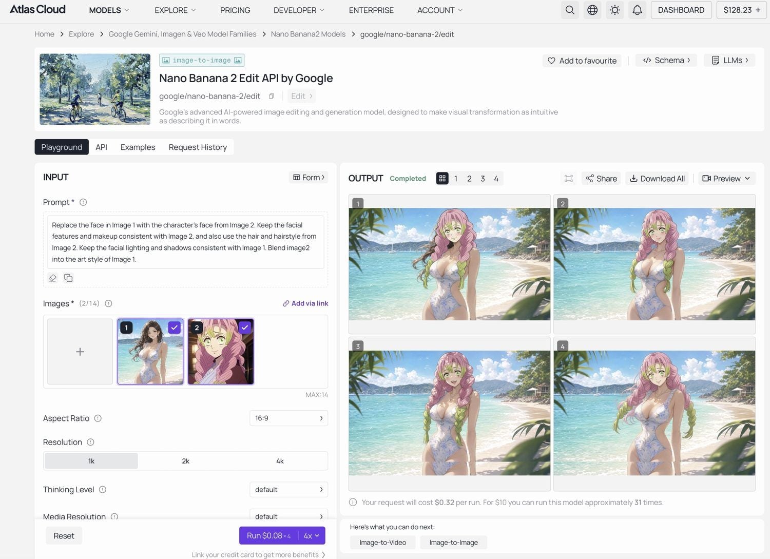 Screenshot of an AI image editing interface with anime character outputs