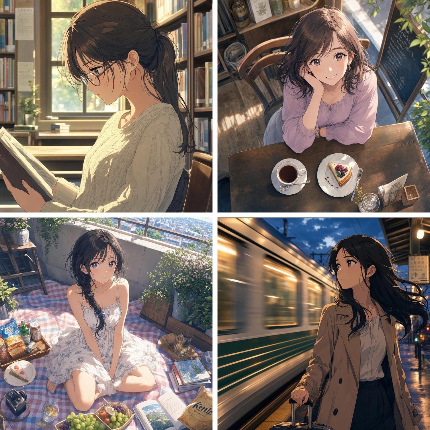 Four anime scenes of a woman reading, dining, picnicking, and traveling