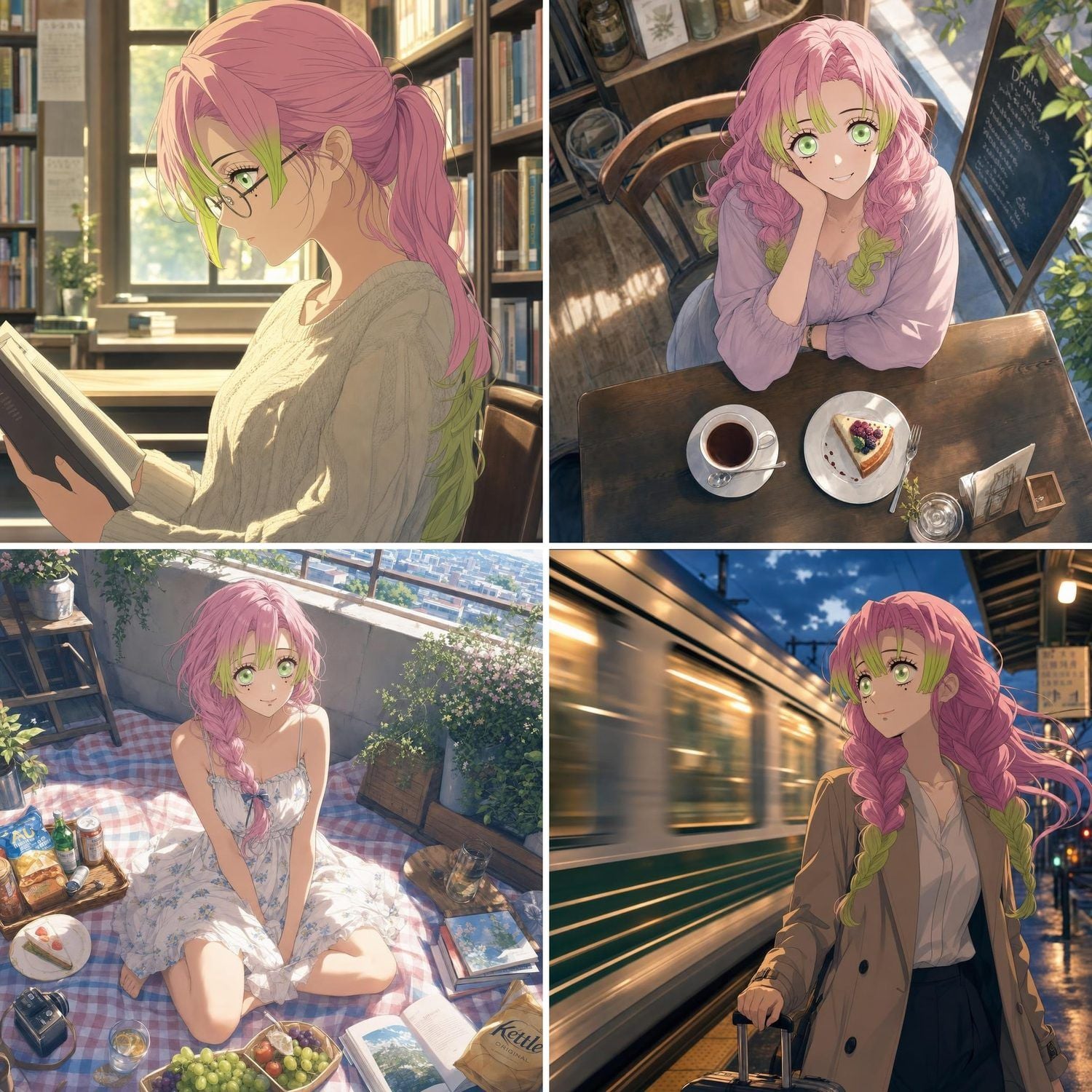 Four anime illustrations of a pink-haired woman in various daily settings