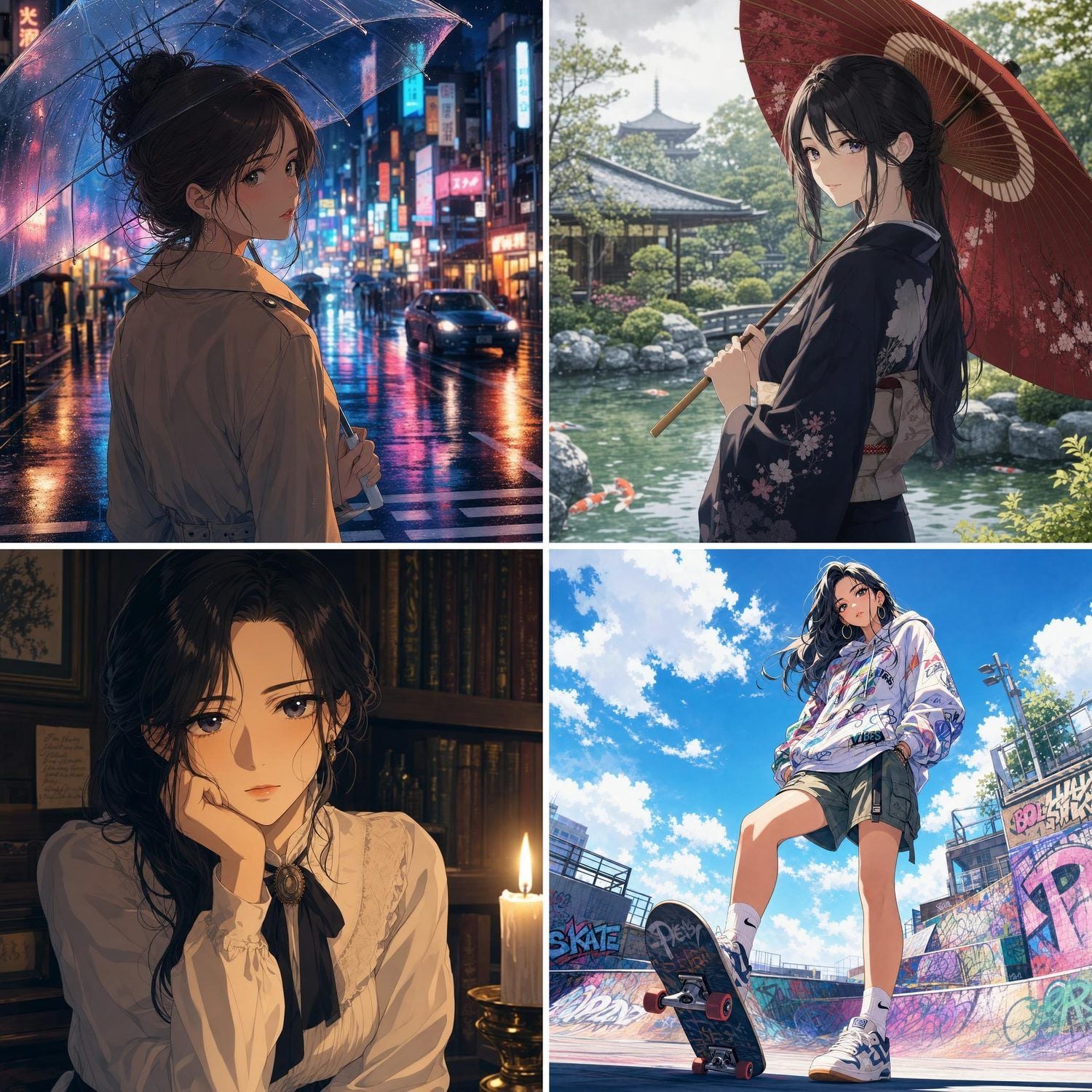 Four anime illustrations of women in city, garden, library, and skatepark