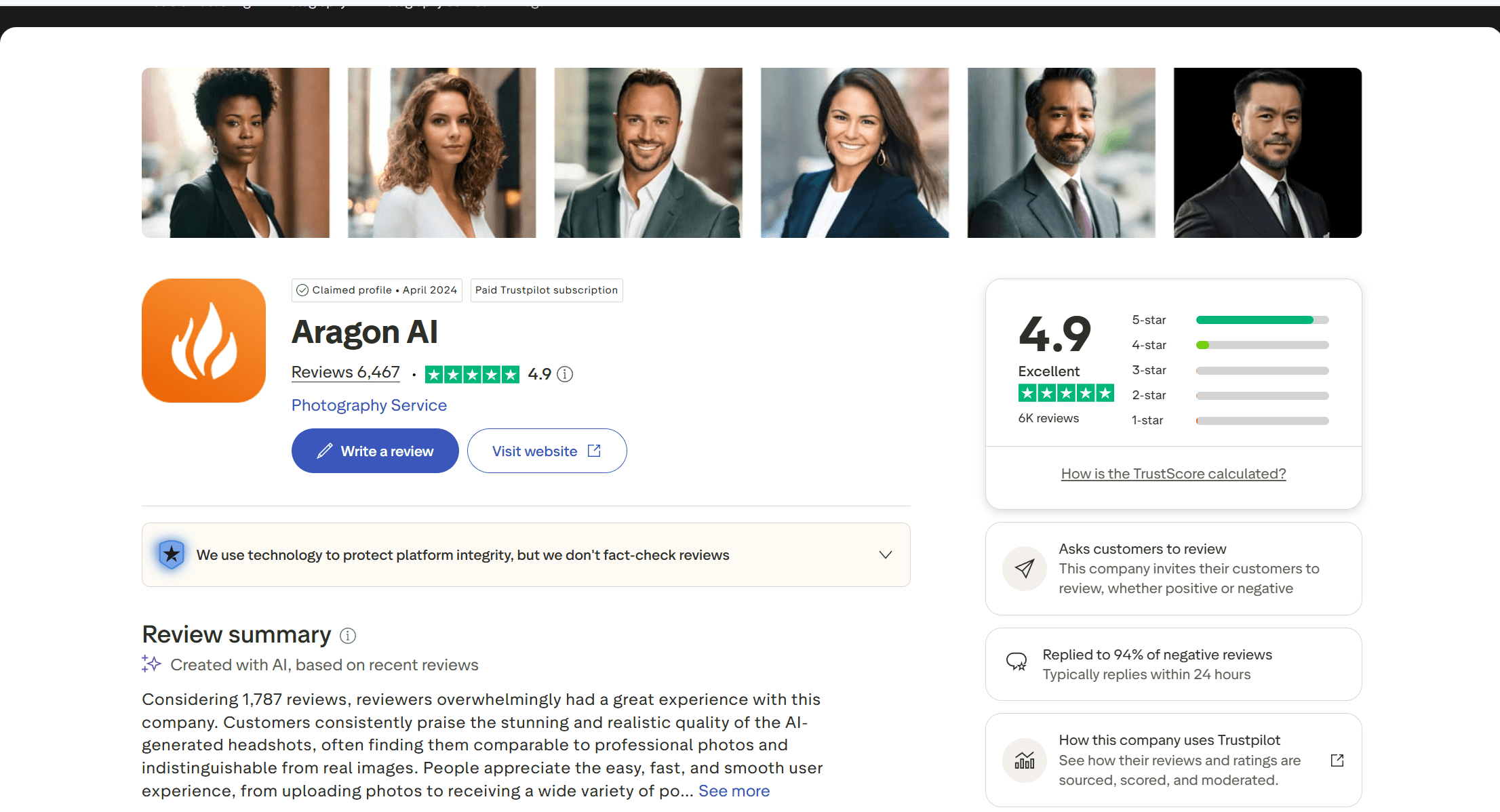 Trustpilot profile page for Aragon AI displaying a 4.9 TrustScore out of 5 across 6,467 reviews with the rating distribution shown beneath.