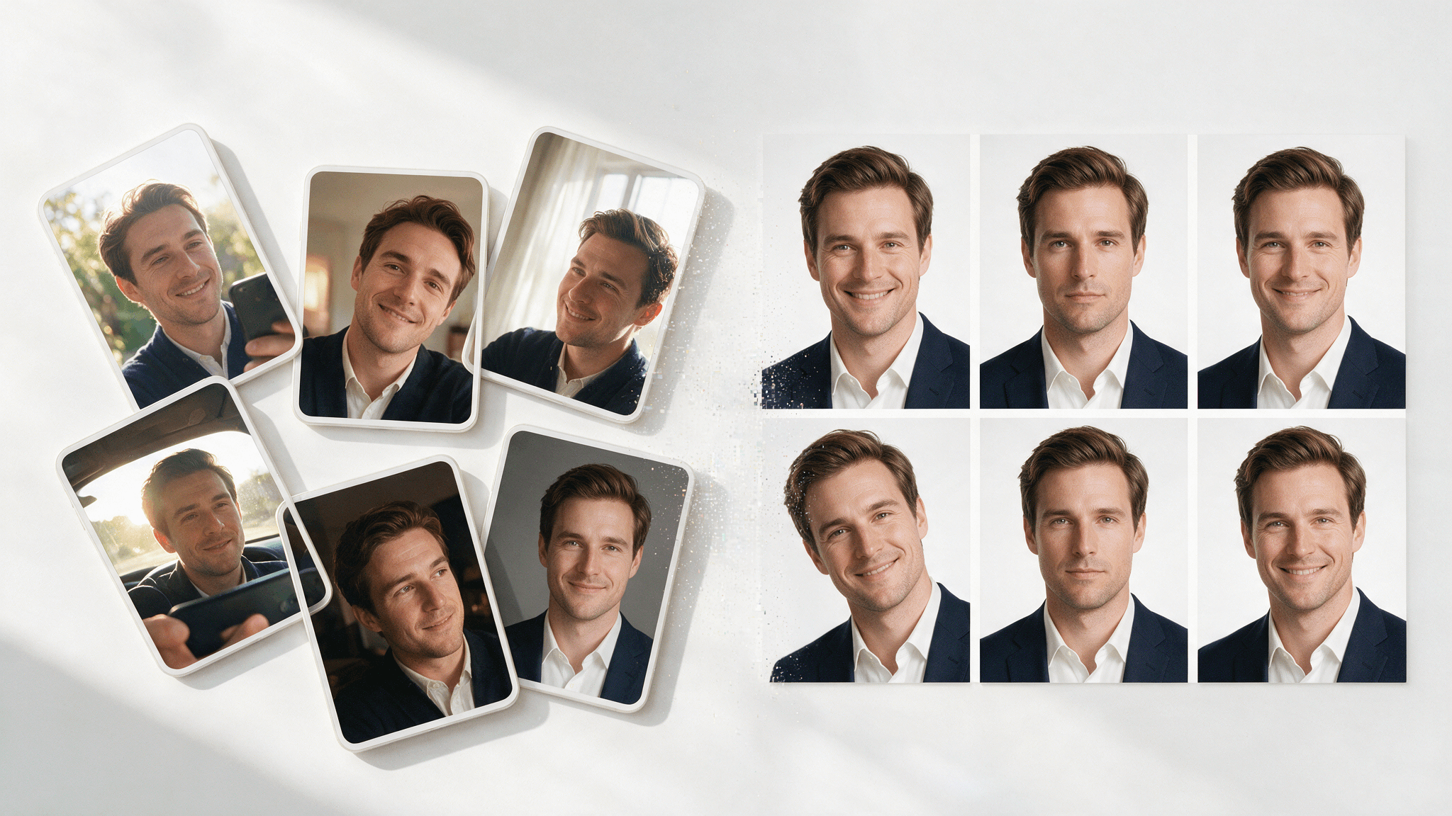 Illustration of Aragon's core mechanic, six input selfies from different angles becoming a grid of professional AI-generated headshots of the same person.