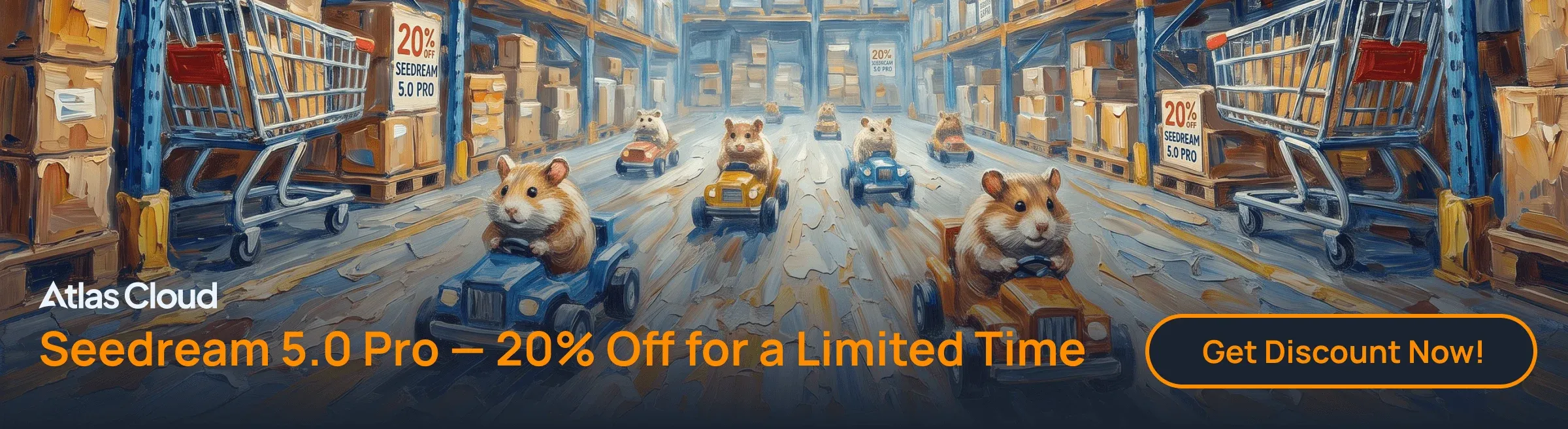 Atlas Cloud banner reading "Seedream 5.0 Pro, 20% Off for a Limited Time" with a Get Discount Now button, drawn as hamsters racing toy cars past warehouse shelves marked 20% off.