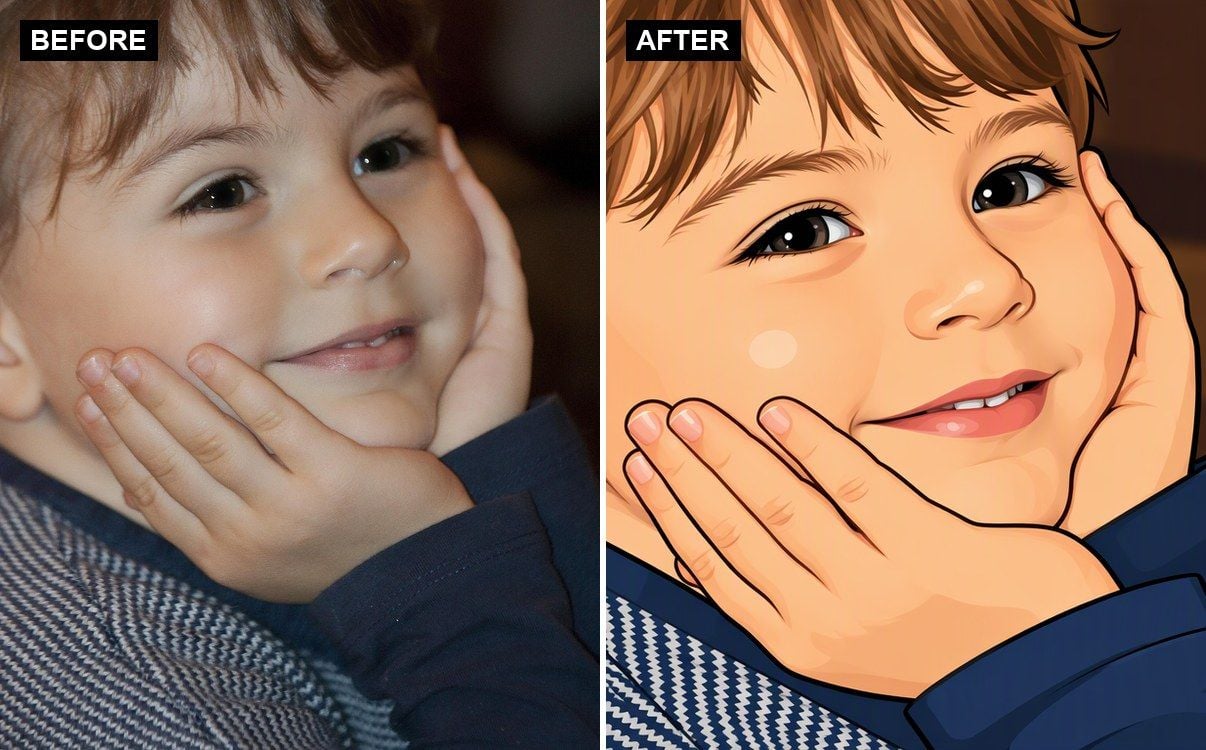 A real photo next to its cartoon-style conversion made with GPT Image 2.5 Sunburst Edit on Atlas Cloud, showing the subject's face shape and features preserved.