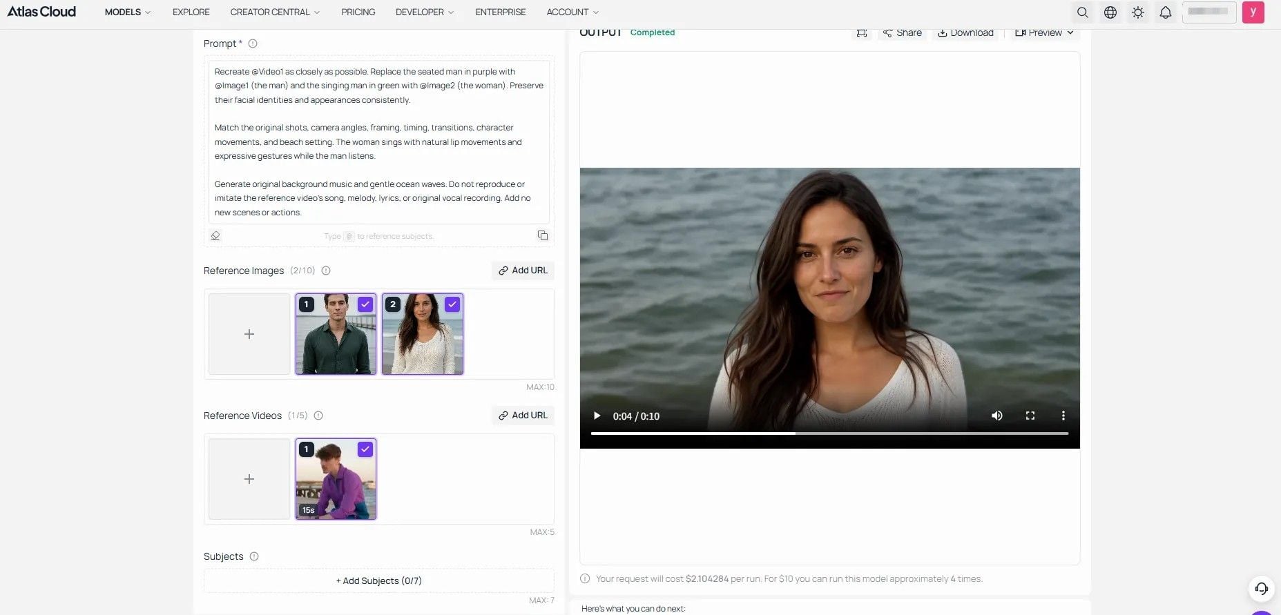 Atlas Cloud Kling Video 4.0 Reference-to-Video interface showing two uploaded character portraits, a motion reference video
