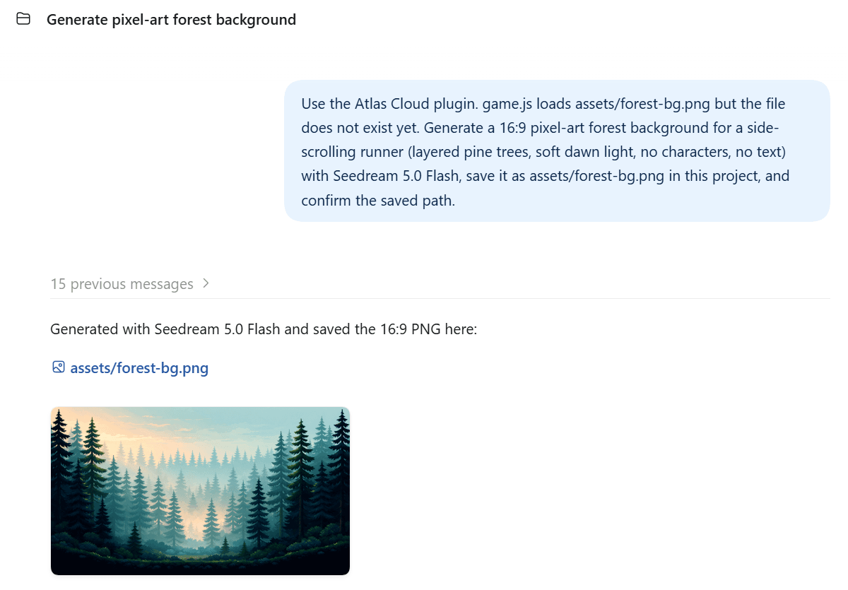 Atlas Cloud plugin in a ChatGPT desktop project generating a 16:9 pixel-art forest background with Seedream 5.0 Flash and saving it as assets/forest-bg.png