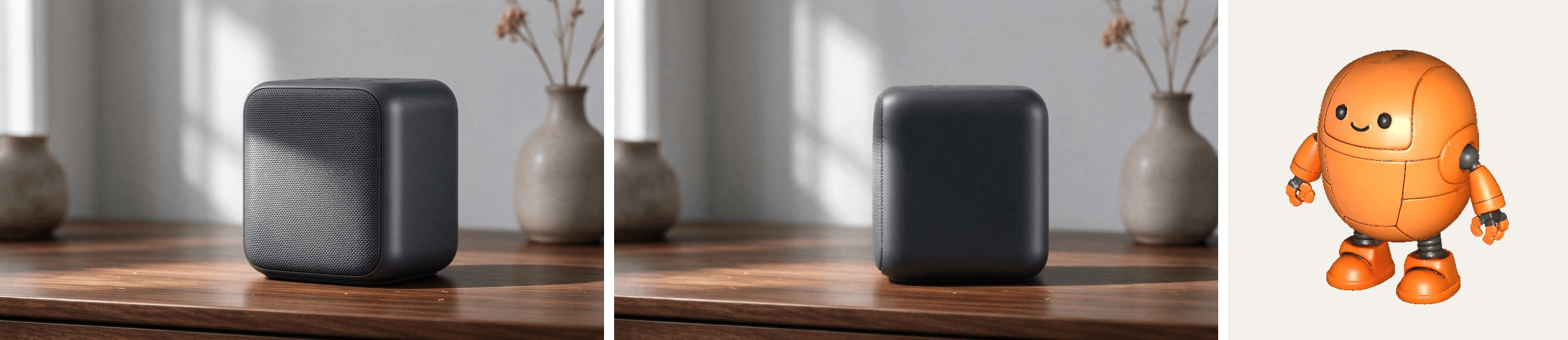Three assets generated through the Atlas Cloud plugin in ChatGPT: a studio photo of a wireless speaker, a frame from the Seedance 2.5 clip made from it, and a textured 3D robot toy