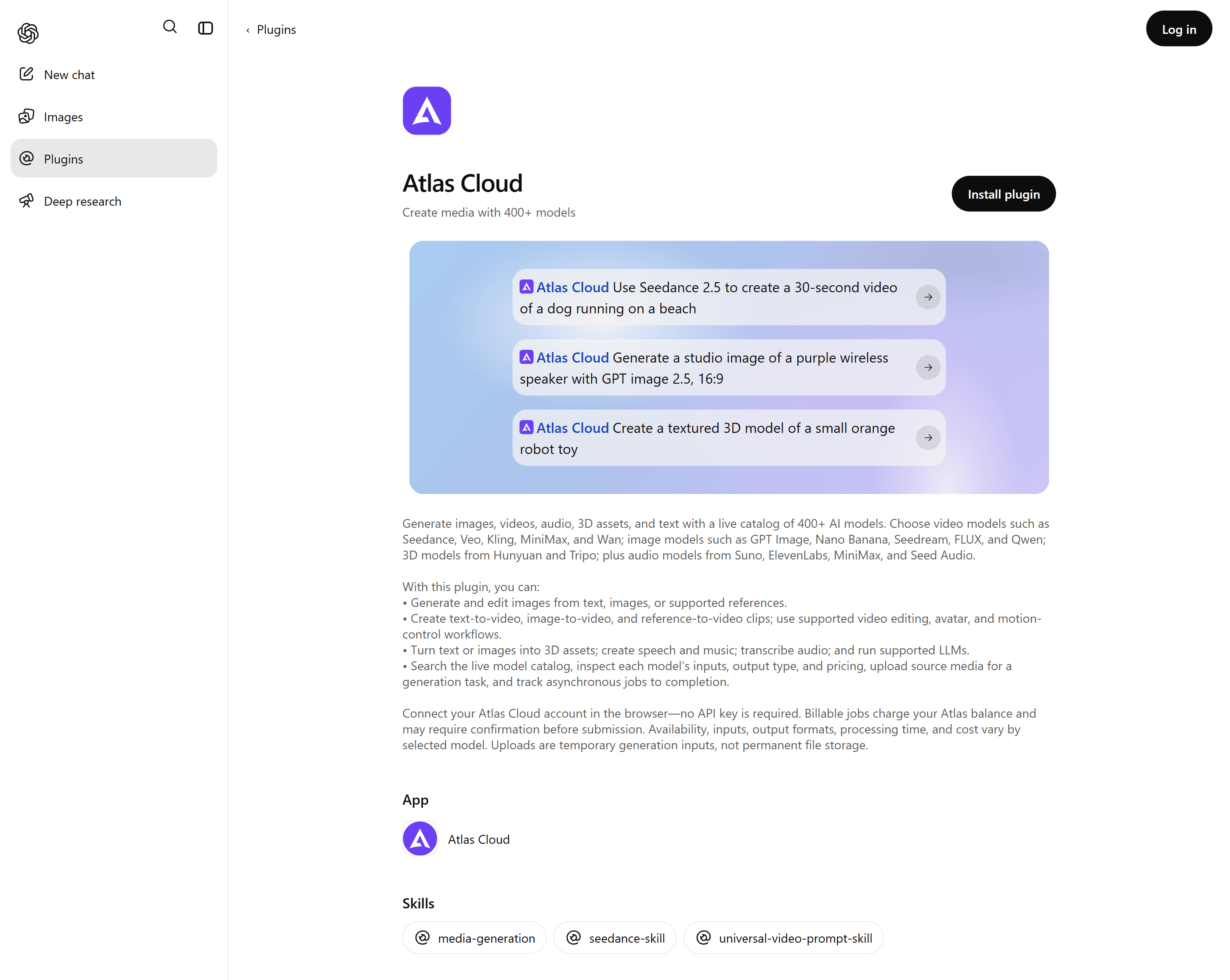 Atlas Cloud listing in the OpenAI Plugins Directory with the Install plugin button, three example prompts and the three bundled skills