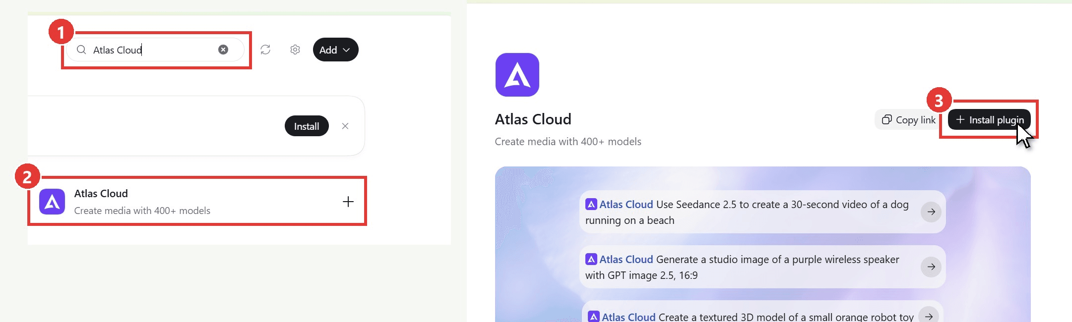 Three annotated steps to install the Atlas Cloud plugin in the ChatGPT desktop app: search the Plugins page, open the Atlas Cloud listing, click Install plugin