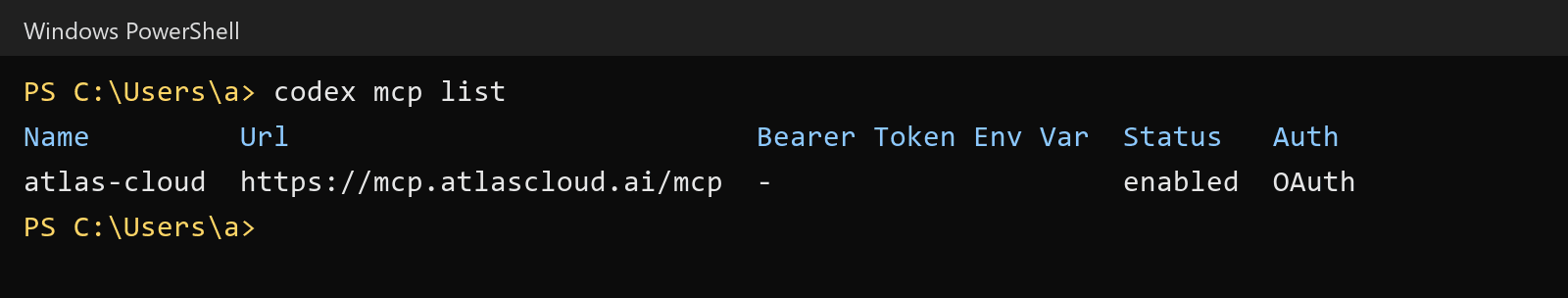Terminal output of codex mcp list showing the Atlas Cloud MCP server at mcp.atlascloud.ai, enabled, with OAuth as the auth method