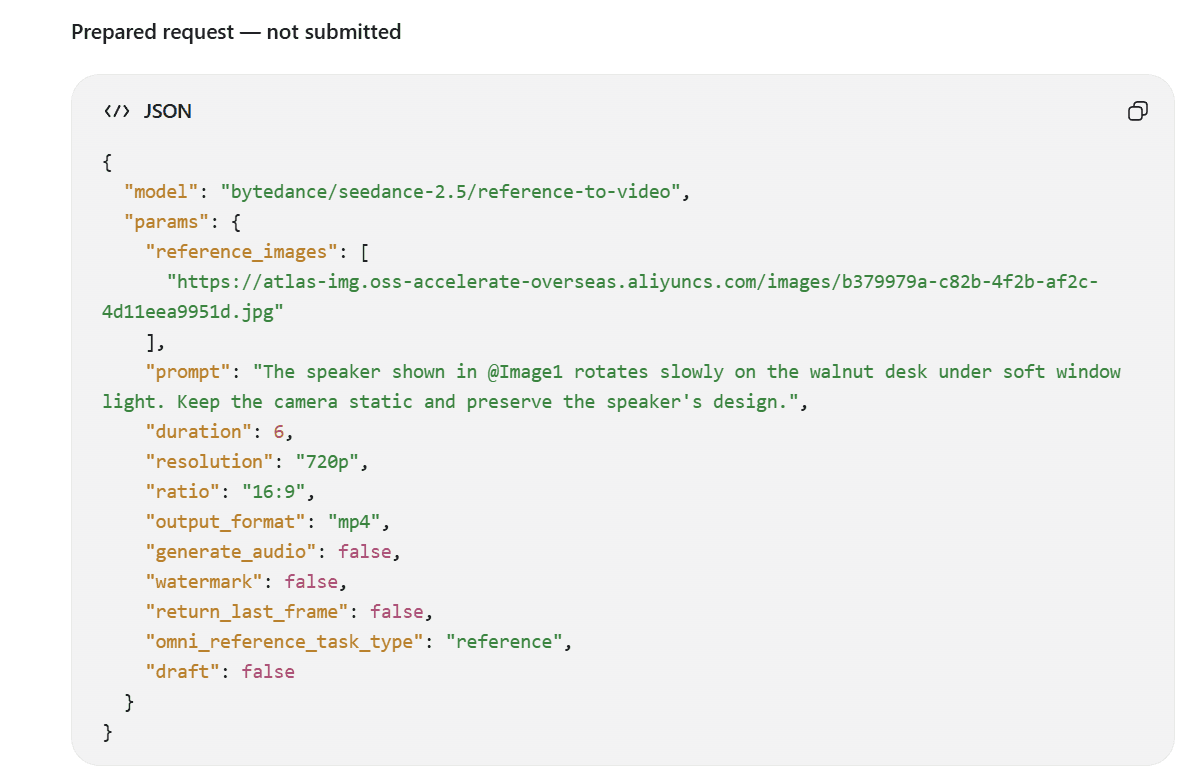 Atlas Cloud plugin in ChatGPT showing the full Seedance 2.5 reference-to-video request, marked not submitted, with the uploaded speaker photo as the reference