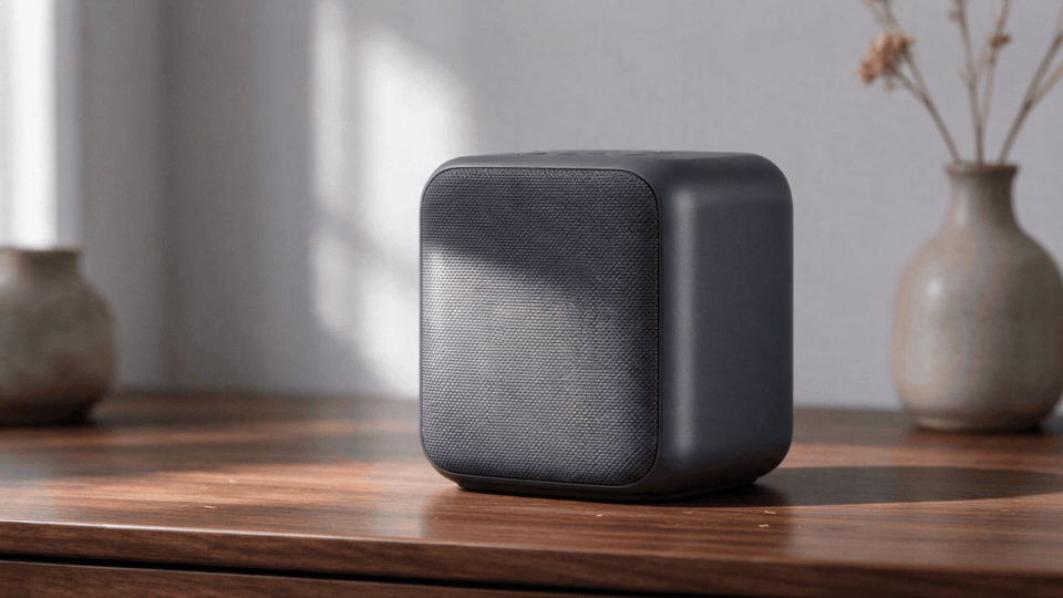 Six-second Seedance 2.5 clip of a charcoal wireless speaker rotating on a walnut desk, generated through the Atlas Cloud plugin