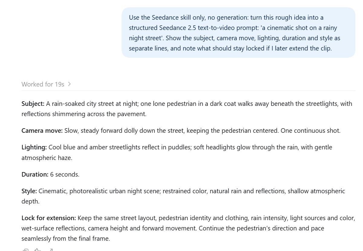 Seedance skill in the Atlas Cloud plugin expanding a one-line rainy street idea into subject, camera move, lighting, duration, style and extension locks for a 30-second clip