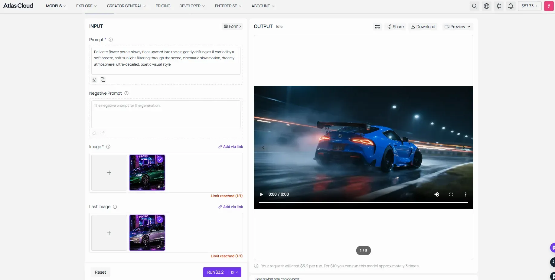 Atlas Cloud Veo3.1 Image-to-Video API dashboard interface showing input prompt, image keyframe upload slots, and output video preview player