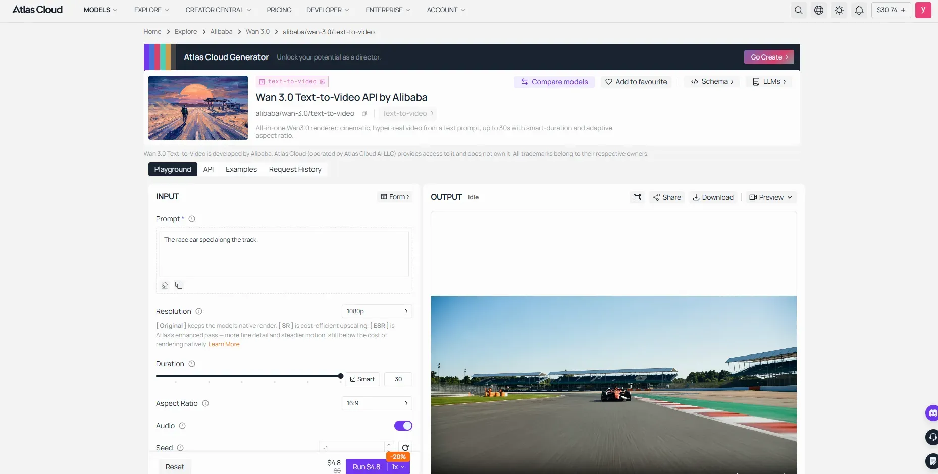 Atlas Cloud Wan 3.0 Text-to-Video API playground interface showing prompt input, resolution settings, and preview generation