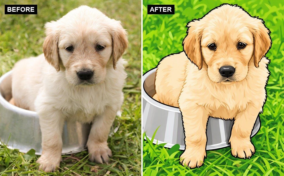 A real pet photo next to its cartoon-style conversion made with GPT Image 2.5 Sunburst Edit on Atlas Cloud, tested for whether the pet is still recognizable after conversion.