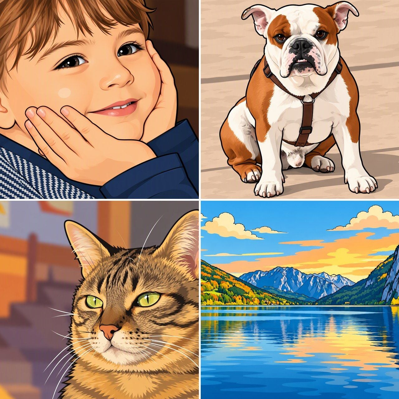 Four AI-generated cartoon portraits made with GPT Image 2.5 Sunburst Edit on Atlas Cloud, showing a person, a dog, a cat, and a landscape each converted from a real photo, no watermark on any output.