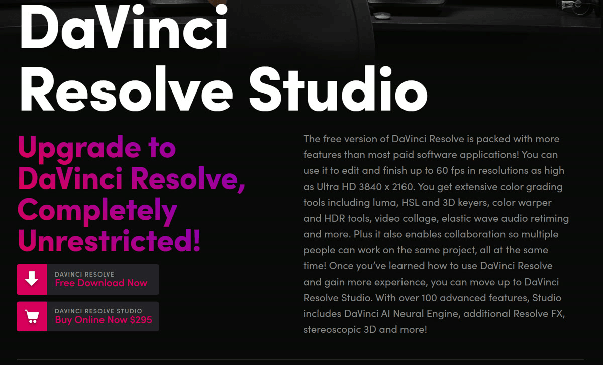 Blackmagic Design's DaVinci Resolve Studio page with a Buy Online Now $295 button next to a Free Download Now button, and text saying the free version edits and finishes up to 60 fps at Ultra HD 3840 x 2160 while Studio adds the DaVinci AI Neural Engine and over 100 advanced features