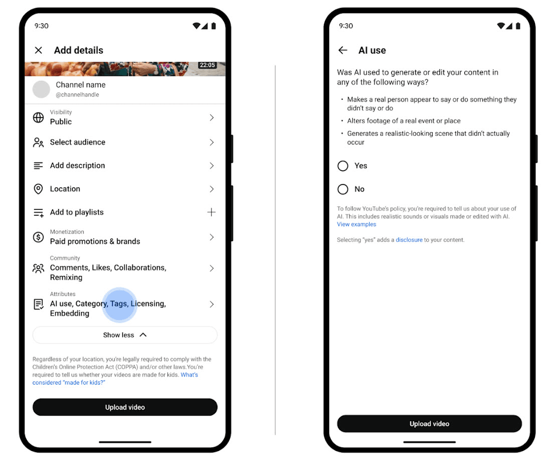 YouTube's upload screens on a phone: the Add details page with the Attributes row listing AI use, Category, Tags, Licensing and Embedding, and the AI use page asking whether AI was used to make a real person appear to say or do something, alter footage of a real event or place, or generate a realistic scene that didn't occur, with Yes and No options