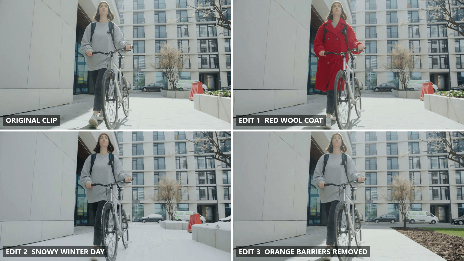 One 5 second street clip of a woman walking her bike past apartment blocks, shown as the original frame and three AI video editor results from Atlas Cloud: her grey sweatshirt turned into a red wool coat, the pavement and planters covered in snow, and the orange traffic barriers removed from the background