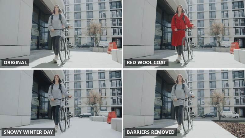 Looping 2 by 2 grid of the same street clip edited three ways with Atlas Cloud's AI video editor: the original woman walking her bike in a grey sweatshirt, the same walk in a red wool coat, the same walk on a snow covered pavement, and the same walk with the orange barriers removed from the background
