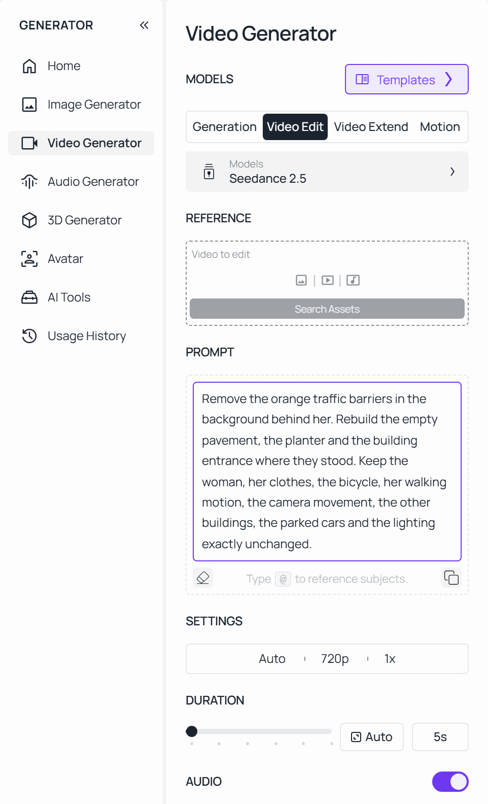 Atlas Cloud's Video Generator with the Video Edit tab selected, Seedance 2.5 chosen as the model, an empty Video to edit reference slot, the barrier removal prompt from this test typed into the prompt box, and settings for aspect ratio, 720p resolution, duration and audio below it