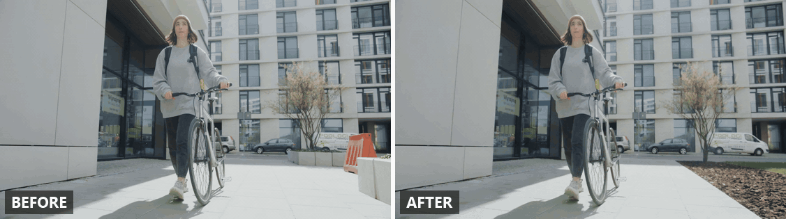 Side by side loop of the same 5 second street clip, labeled before and after: on the left the woman walks her bike past a white planter with orange traffic barriers behind it, on the right the barriers are gone and landscaping fills the space behind her while her walk and the camera move stay the same