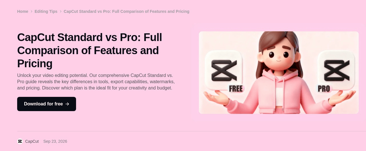 Header of CapCut's official article CapCut Standard vs Pro: Full Comparison of Features and Pricing, published by CapCut on September 23, 2026, with an illustration of a character weighing a FREE icon against a PRO icon  Screensho