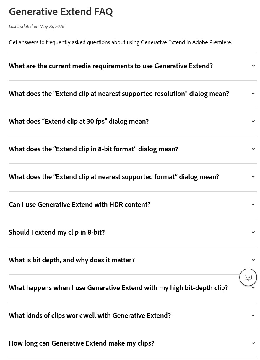 Adobe's Generative Extend FAQ page in Premiere help, last updated May 25, 2026, listing questions on media requirements, supported resolution, 30 fps extension, 8-bit format, HDR content and how long Generative Extend can make a clip