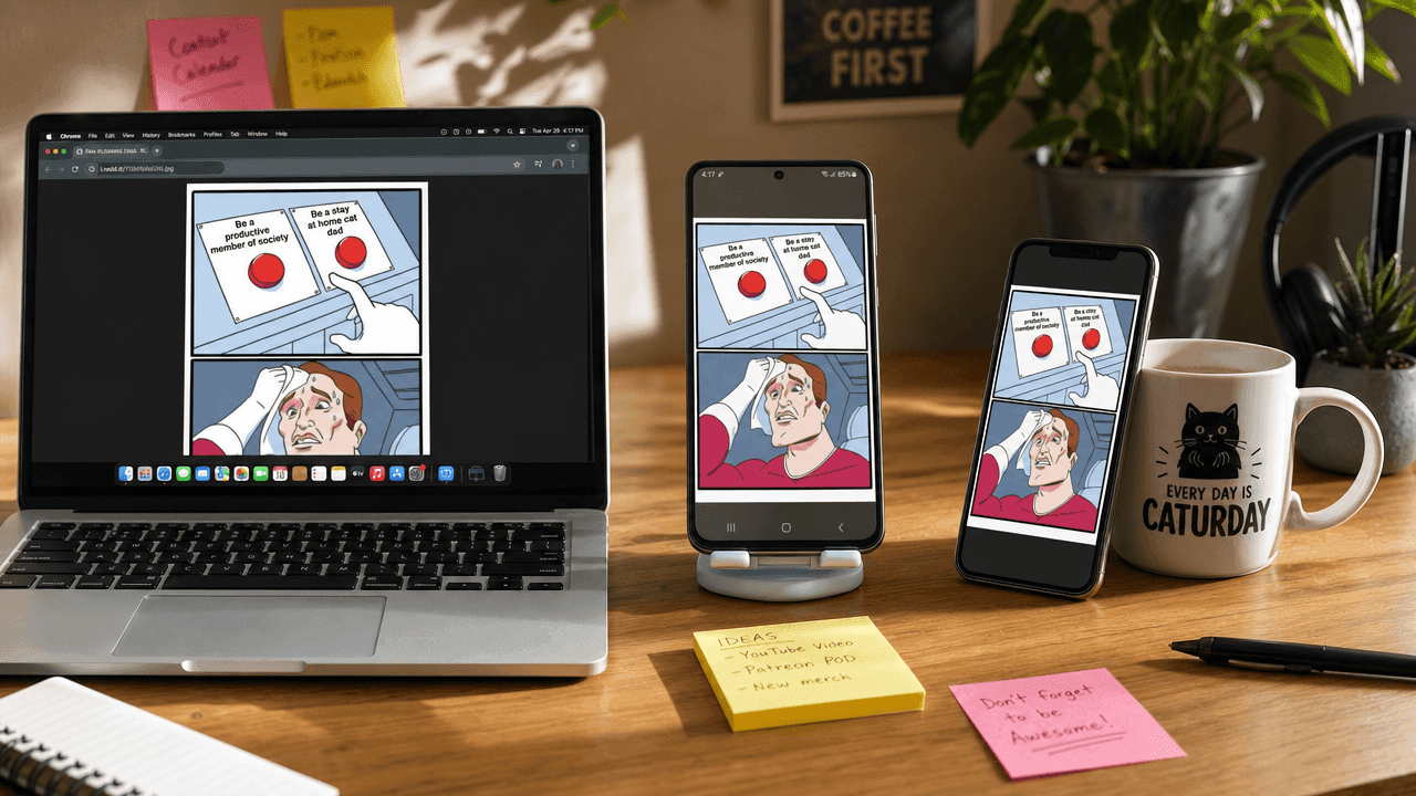 Laptop and two smartphones on a desk displaying the same meme