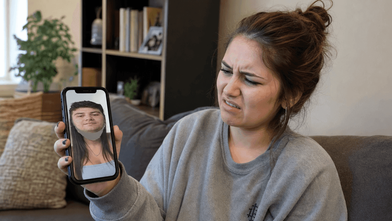 Woman cringes while holding a smartphone showing a face-swap photo