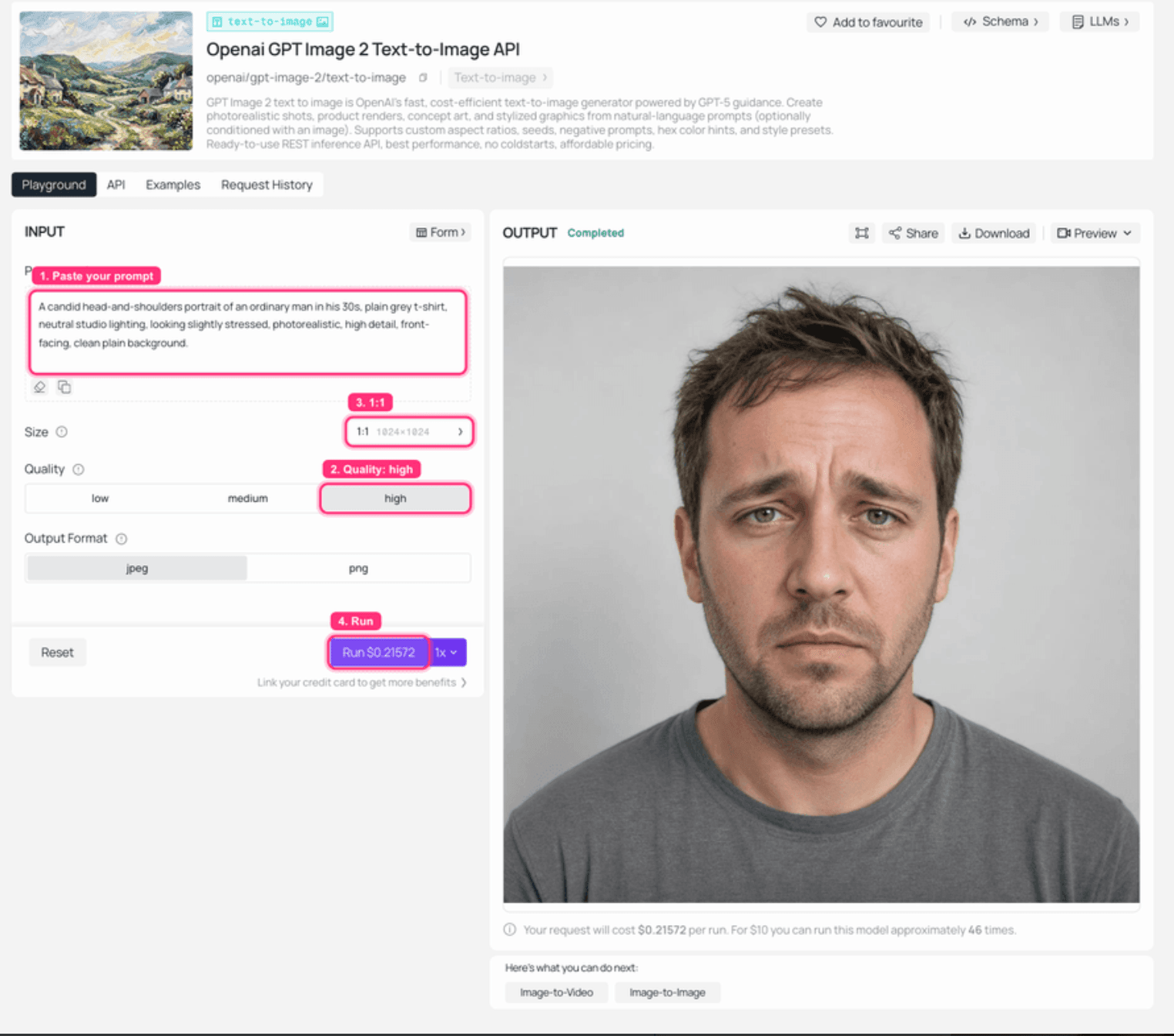 AI image generator interface with a text prompt and generated portrait