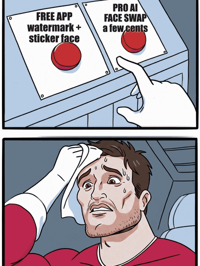 Sweating man choosing between free watermarked app and paid AI face swap
