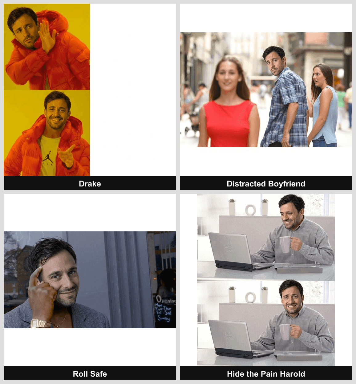 Four popular meme templates photoshopped with the same man's face