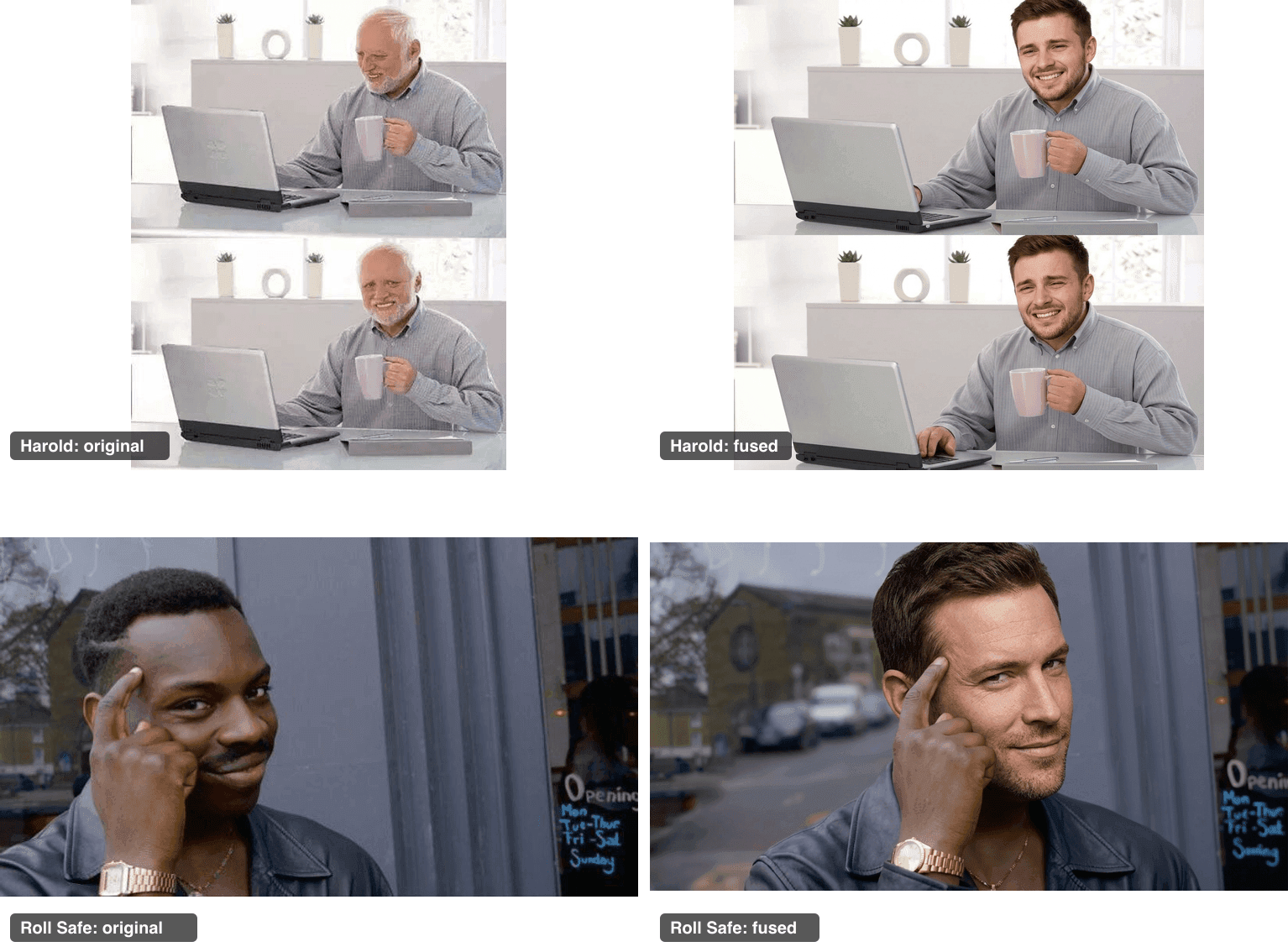 Original and AI face-fused versions of Harold and Roll Safe memes