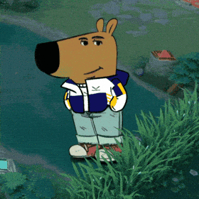 Cartoon dog in a jacket standing by a video game river