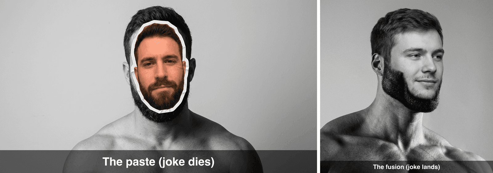 Two-panel meme comparing a pasted face swap to a seamless fusion