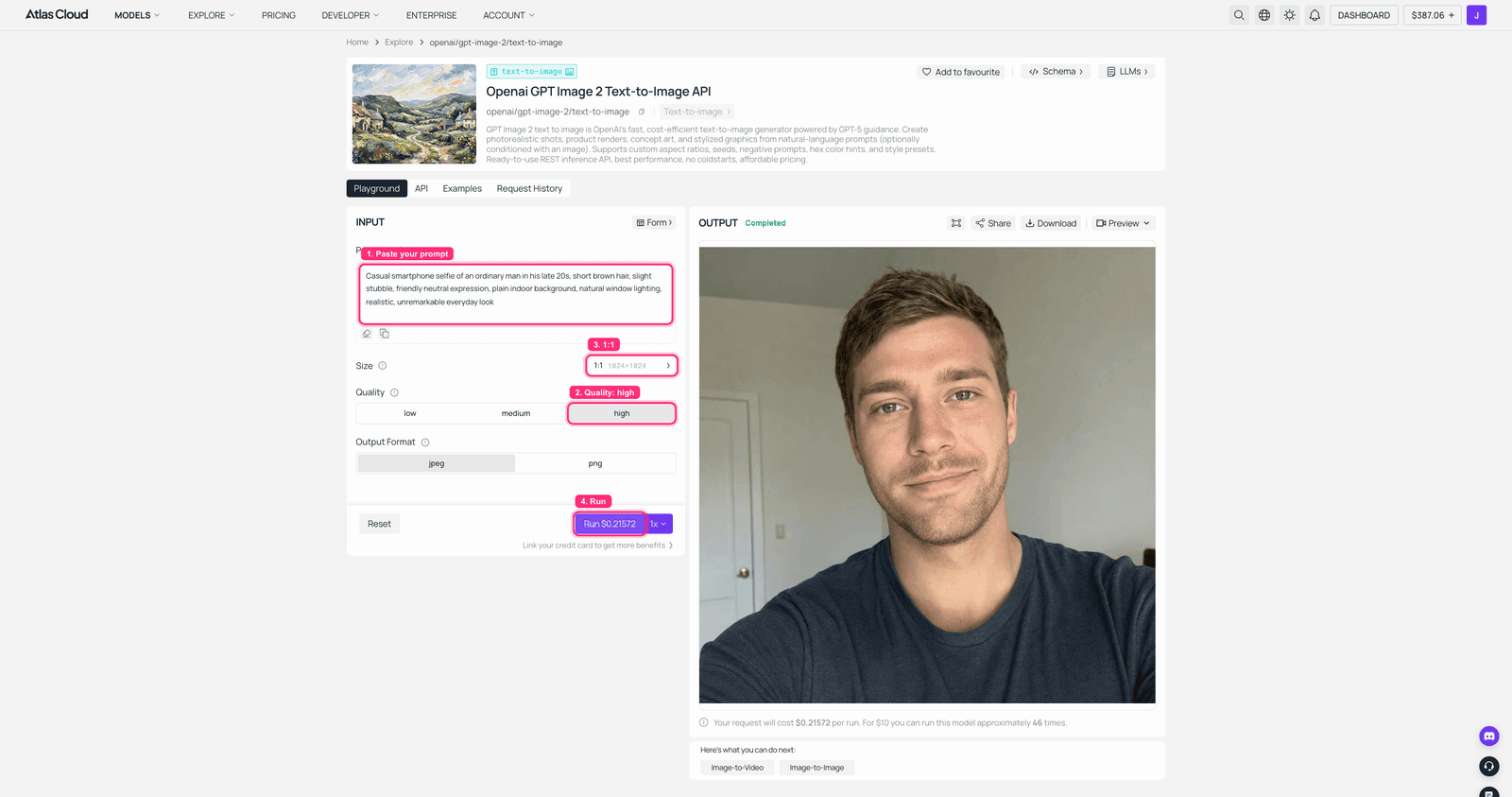 AI image generator interface showing a text prompt and generated selfie