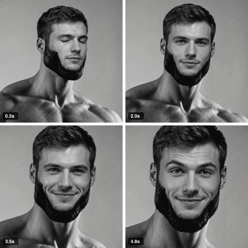 Four black and white photos of a bearded man smiling progressively