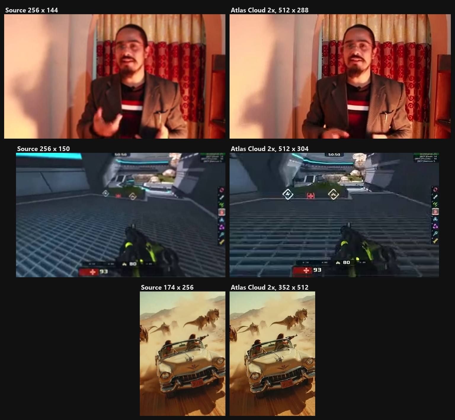 Three small clips before and after a 2x pass through the Atlas Cloud free AI video upscaler, a person talking to the camera, a game capture with HUD text and an AI generated desert chase, the 256 pixel originals enlarged on the left and the sharper 512 pixel unwatermarked results on the right