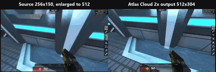 Side by side loop of a Xonotic game capture, the 256 by 150 source enlarged to 512 pixels on the left and the 512 by 304 Atlas Cloud free AI video upscaler output on the right, with the health and armour numbers and the floor grid sharper on the right