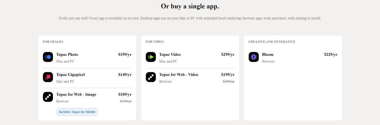 Topaz Labs pricing page section titled Or buy a single app, listing Topaz Video for Mac and PC at $299 per year next to the browser based Topaz for Web Video plan