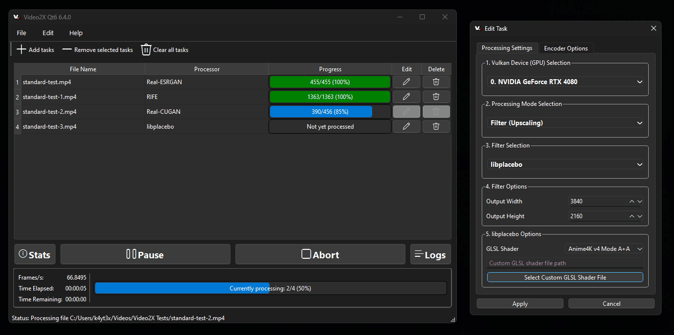 The Video2X 6.4.0 desktop interface on Windows, with a task list running Real-ESRGAN, RIFE, Real-CUGAN and libplacebo jobs and an edit panel set to an NVIDIA RTX 4080, a 3840 by 2160 output and the Anime4K v4 shader