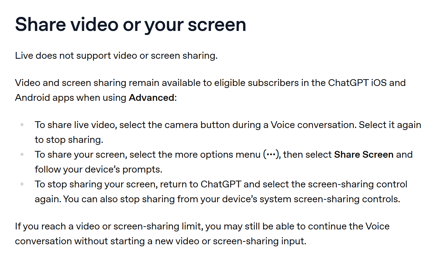 OpenAI help center section titled Share video or your screen, stating that Live does not support video or screen sharing, that video and screen sharing remain available to eligible subscribers in the ChatGPT iOS and Android apps when using Advanced, and how to use the camera button and Share Screen option