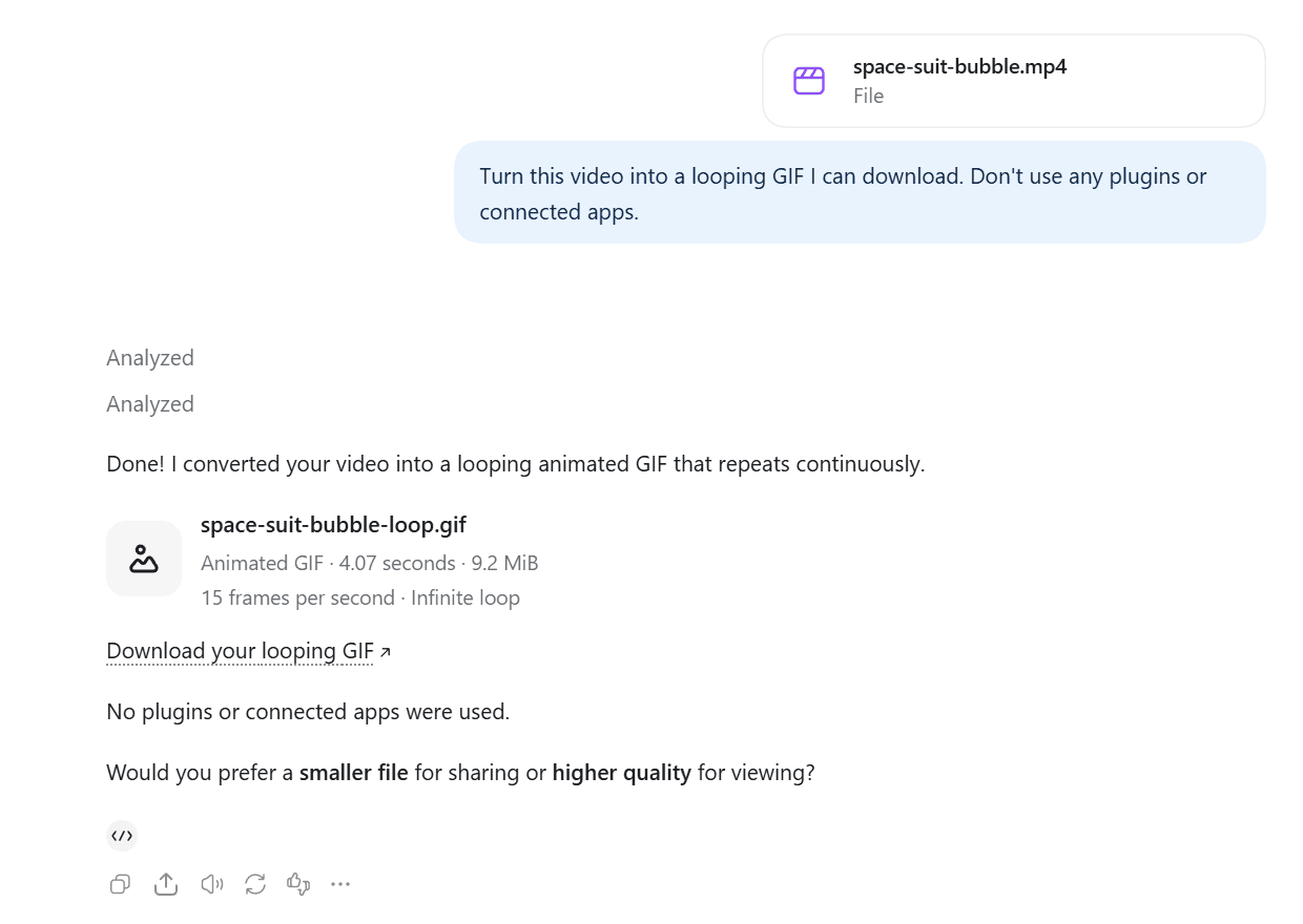 ChatGPT reply without plugins converting an uploaded MP4 named space-suit-bubble.mp4 into a looping GIF of 4.07 seconds and 9.2 MiB at 15 frames per second, with a download link