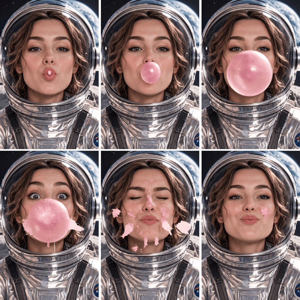 Six-panel storyboard that ChatGPT generated without plugins: a woman in a silver space suit and clear helmet blows a pink bubble that grows, bursts over her face and leaves her smiling